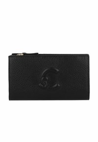 Portafoglio in pelle nera con superficie texture, logo impresso, chiusura con zip e forma rettangolare slim. Presenta accenti in metallo dorato.