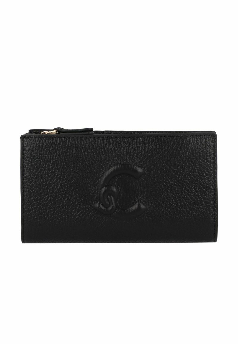 Portafoglio in pelle nera con superficie texture, logo impresso, chiusura con zip e forma rettangolare slim. Presenta accenti in metallo dorato.