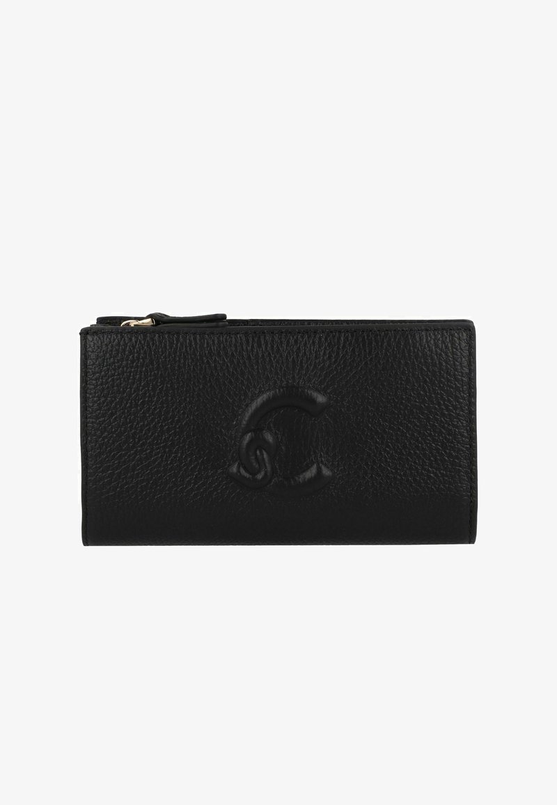 Portafoglio in pelle nera con superficie texture, logo impresso, chiusura con zip e forma rettangolare slim. Presenta accenti in metallo dorato.