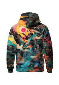 Hættebluse med et levende, flerfarvet grafisk design med fugle, blade og en solmotif. Lavet af glat stof, har den en afslappet pasform.