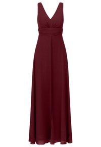 Weinrotes Maxikleid mit V-Ausschnitt, ärmellosem Design, tailliertem Schnitt und schwingendem Rock. Hergestellt aus weichem, glattem Stoff ohne Muster.