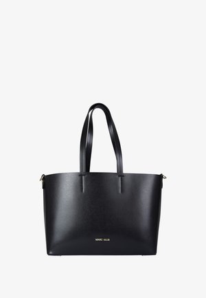 Borsa tote in pelle nera con due manici lunghi, design strutturato, texture liscia e dettaglio logo dorato sul davanti.