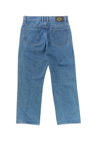 Jean en denim bleu avec une taille haute, une coupe droite, deux poches arrière et un patch de marque sur la ceinture arrière.