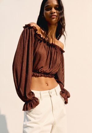 Bershka OFF-THE-SHOULDER WITH LONG SLEEVES  - Blúzka - dark brown
