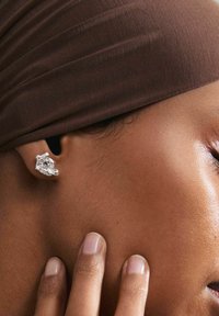 Boucles d'oreilles en argent avec un design complexe de lion et une pierre précieuse transparente incrustée, portées sur un teint de peau lisse et brun moyen.