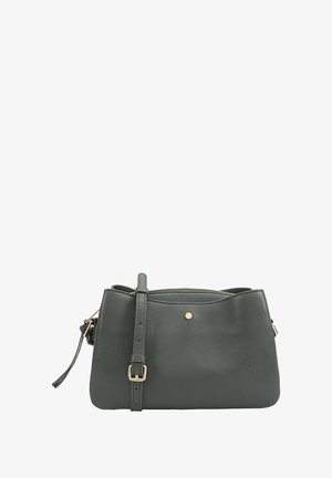 Green leather crossbody bag with a soft texture, zip closure, adjustable strap, and a gold accent stud on the front.