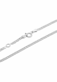 Collana in argento con maglie intrecciate, superficie liscia e un moschettone rotondo per una chiusura sicura.