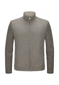 Graue Zip-Jacke mit Fleece-Körper und gerippten, strukturierten Ärmeln. Hoher Kragen und subtile Steppdetails überall.