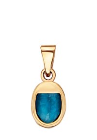 Złoty wisiorek z przezroczystym, owalnym kamieniem turkusowym o fasetowanej powierzchni, zawieszony na gładkiej, zwężającej się zawieszce.