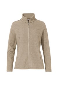Veste en polaire beige avec un col haut, fermeture éclair sur toute la longueur, et design ajusté. Présente des coutures tonalités et un logo subtil sur la poitrine.