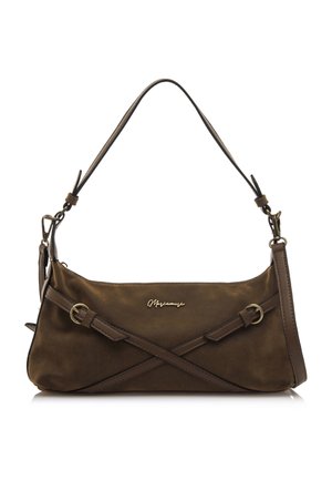 Borsa a tracolla in camoscio marrone con design a tracolla incrociata, dotata di hardware in tonalità oro e una sola tracolla. Texture liscia, stile minimalista.