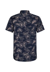 Camicia a maniche corte in tessuto blu navy con un motivo floreale in beige. Presenta un colletto e un orlo inferiore dritto.