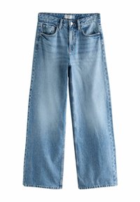 Svetlomodré džínsové nohavice s širokými nohavicami a vysokým pásom, s prednými vreckami, zapínaním na gombík a zips.