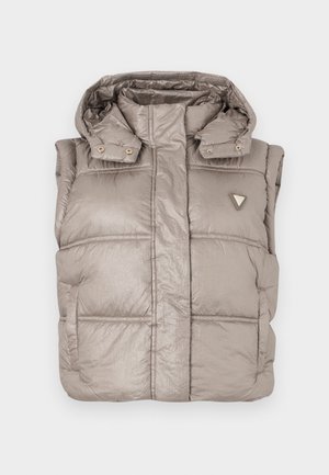 Lett beigefarget puffervest med en blank finish, høy krage, trykknapper og en diamantlogo på venstre bryst.