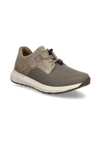 Lichtbruine sportieve schoen met een bovenwerk van mesh, suede accenten en een witte tussenzool. Beschikt over een instapontwerp met elastische veters en een gestructureerde zool.