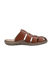 Brown leather slip-on sandal with open toe, featuring multiple horizontal straps and a textured sole for grip and comfort.