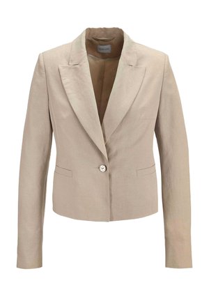 Beige op maat gemaakte blazer met een reverskraag, enkele knoopsluiting en twee voorzakken. Gemaakt van linnen met een gladde textuur.