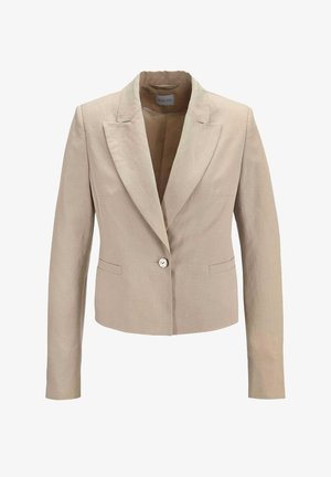 Beige tailored blazer with a lapel collar, single button closure, and two front pockets. Made from linen with a smooth texture.