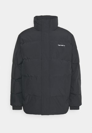 Black puffer jacket with a high collar, zip front, and elastic cuffs. Features a pocket and a small logo on the chest. Textured surface.