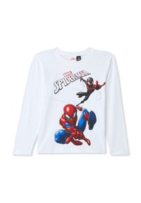 Maglietta a maniche lunghe bianca con grafiche colorate di Spider-Man e Miles Morales, con colletto tondo e tessuto in cotone morbido.