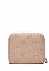 Portafoglio in pelle beige con motivi embossati, include disegni circolari e floreali, chiusura a zip, forma rettangolare compatta.