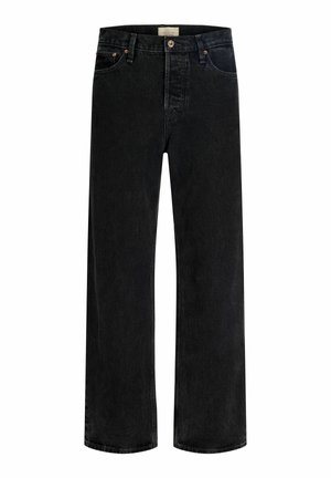 Jeans in denim nero a gamba dritta con vita alta, bottoni frontali e tasche, mostrati su sfondo bianco.