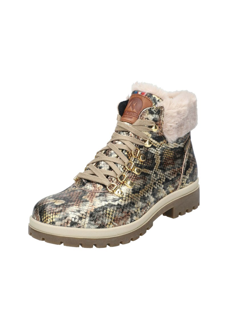 Bottes à lacets marron et doré avec un col en fausse fourrure beige, des accessoires métalliques et une finition texturée, dotées d'une semelle en caoutchouc robuste.