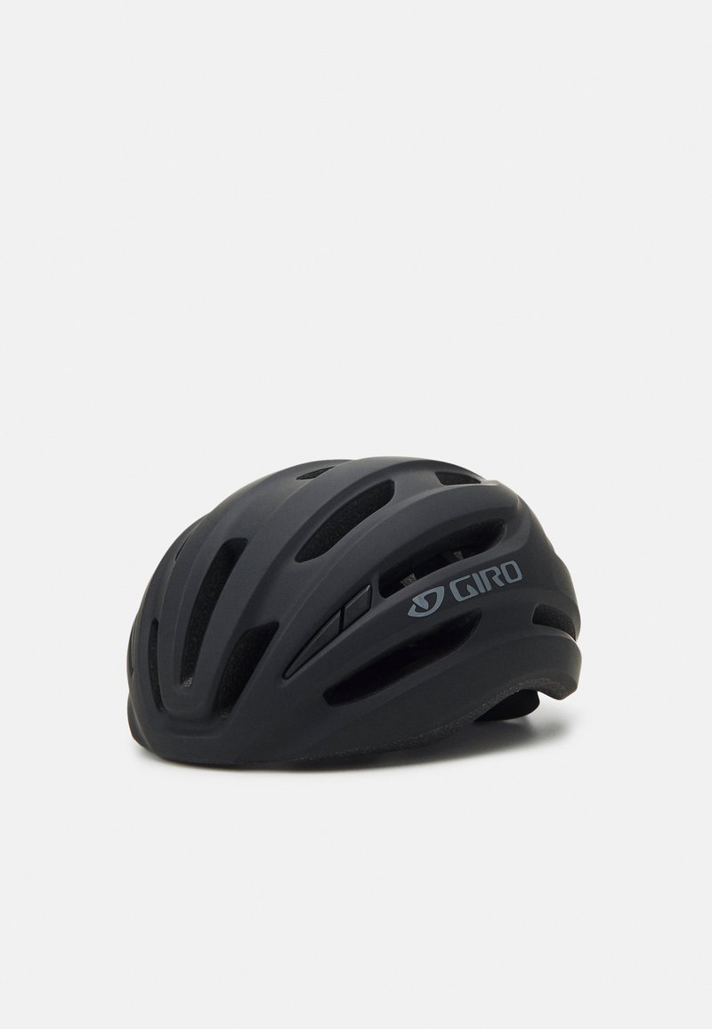 Casco de ciclismo Giro negro con forma aerodinámica, ranuras de ventilación, acabado mate y logotipo de la marca en gris. Diseño ligero para mayor comodidad.