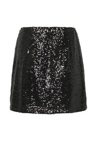 Zwarte glitter mini-rok met een zachte textuur, een uitlopende vorm en een glanzend oppervlak voorzien van verspreide glinsterende pailletten.