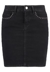 Schwarzer Jeansrock mit taillierter Passform, dekorativen silbernen Nieten entlang der vorderen Taschen und einer Knopfverschluss vorne. Mittellanges Saum.