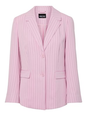 Απαλό ροζ σακάκι με λεπτές κάθετες μαύρες ρίγες, δύο κουμπιά, γιακά με εγκοπή και τσέπες με καπάκια στο εμπρόσθιο μέρος.