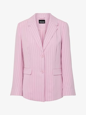 Απαλό ροζ σακάκι με λεπτές κάθετες μαύρες ρίγες, δύο κουμπιά, γιακά με εγκοπή και τσέπες με καπάκια στο εμπρόσθιο μέρος.