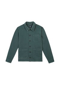 Dunkelgrüne Utility-Jacke mit einem Cordkragen, Knopfverschluss und zwei vorderen Taschen aus kontrastierendem Stoff.