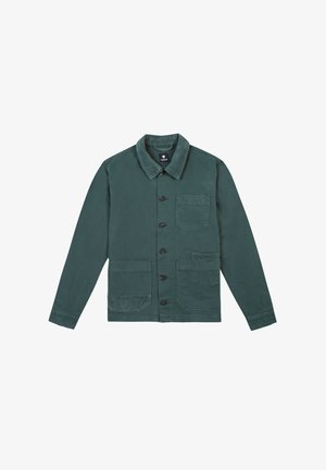 Dunkelgrüne Utility-Jacke mit einem Cordkragen, Knopfverschluss und zwei vorderen Taschen aus kontrastierendem Stoff.