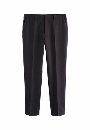 Dunkelgraue, maßgeschneiderte Hose mit flachem Frontschnitt, seitlichen Taschen und Gürtelschlaufen, aus einem glatten, leichten Stoff gefertigt.