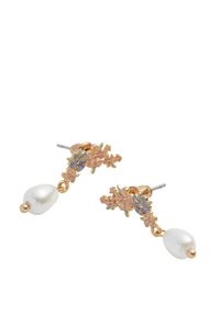 Gold-tone earrings with a floral design, featuring small pastel flowers, and a white pearlescent drop. Silver posts for secure fastening.