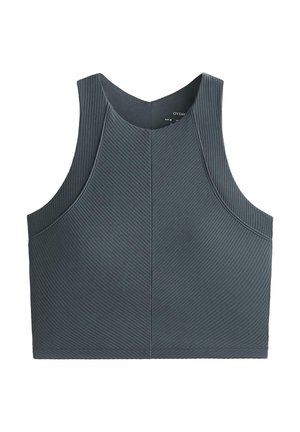 Top sportiv cropped gri, cu o textură ribbată, design fără mâneci și un guler înalt. Prezintă modele diagonale pe material.