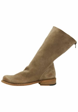 Tan suede knee-high boot with a rounded toe, minimal design, a low wooden heel, and a side zip closure for easy wear.