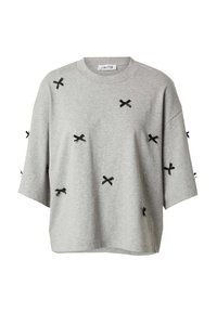 Grauer kurzärmeliger Sweatshirt mit lockerer Passform, versehen mit schwarzen Stoffschleifen, die für Details eingearbeitet sind. Rundhalsausschnitt, lässiges Design.
