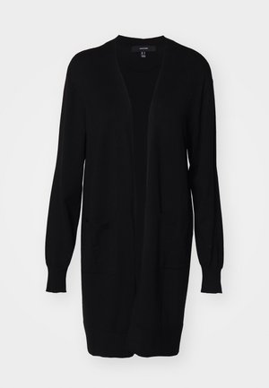 Cardigan long noir avec un design ample, des poignets côtelés, deux poches avant et un col rond. Confectionné dans un tissu doux et texturé.