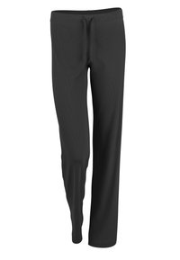 Pantaloni leggeri neri a coste, con vita elastica e cordoncino. Design a gamba dritta con una consistenza liscia in tutto.