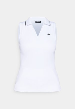 Polo sem mangas branco com textura canelada, decote em V e acabamento preto ao longo do colarinho. Apresenta um pequeno logo preto no peito.