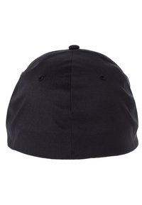 Schwarze Kappe mit runder Form, aus glattem Stoff gefertigt. Verfügt über einen oberen Knopf und Belüftungslöcher, mit einem klaren, schlichten Design.