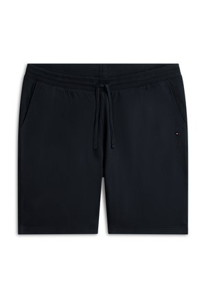 Pantaloni scurți negri, de lungime medie, cu talie elastică și șnur, buzunare laterale și un mic logo brodat pe buzunarul drept.