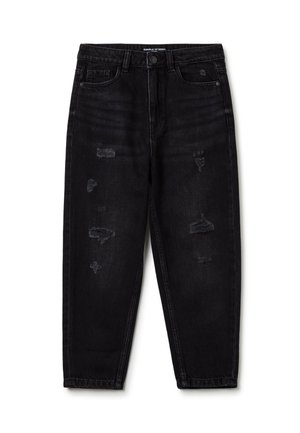 Jean noir taille haute avec des zones usées sur l'avant des cuisses et des genoux, fermeture par bouton et design à cinq poches.