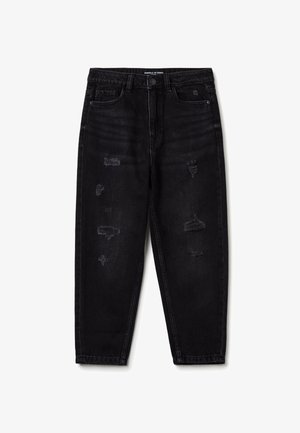 Sorte jeans med høj talje og slidte pletter på forsiden af lårene og knæene, knaplukning og design med fem lommer.