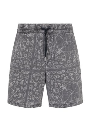 Pantaloni corti grigi con motivo paisley bianco. Vita elastica con cordoncino. Realizzati in tessuto morbido, presentano una vestibilità comoda e lunghezza fino al ginocchio.