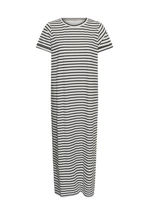 Crno-bijela midi haljina kratkih rukava s vodoravnim prugama, okruglim izrezom i opuštenim krojem.