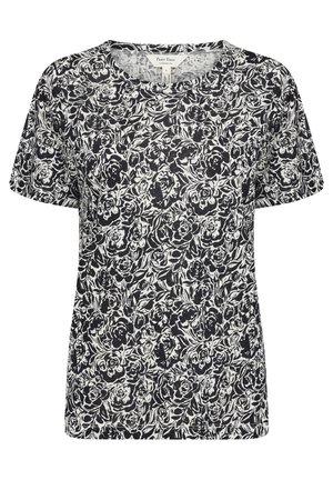 T-shirt à manches courtes avec un motif floral en noir et blanc, col rond, fabriqué en tissu léger et offrant une coupe décontractée.