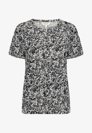 Tricou scurt cu mânecă, cu imprimeu floral alb-negru, cu decolteu rotund, fabricat dintr-un material ușor, având o croială relaxată.